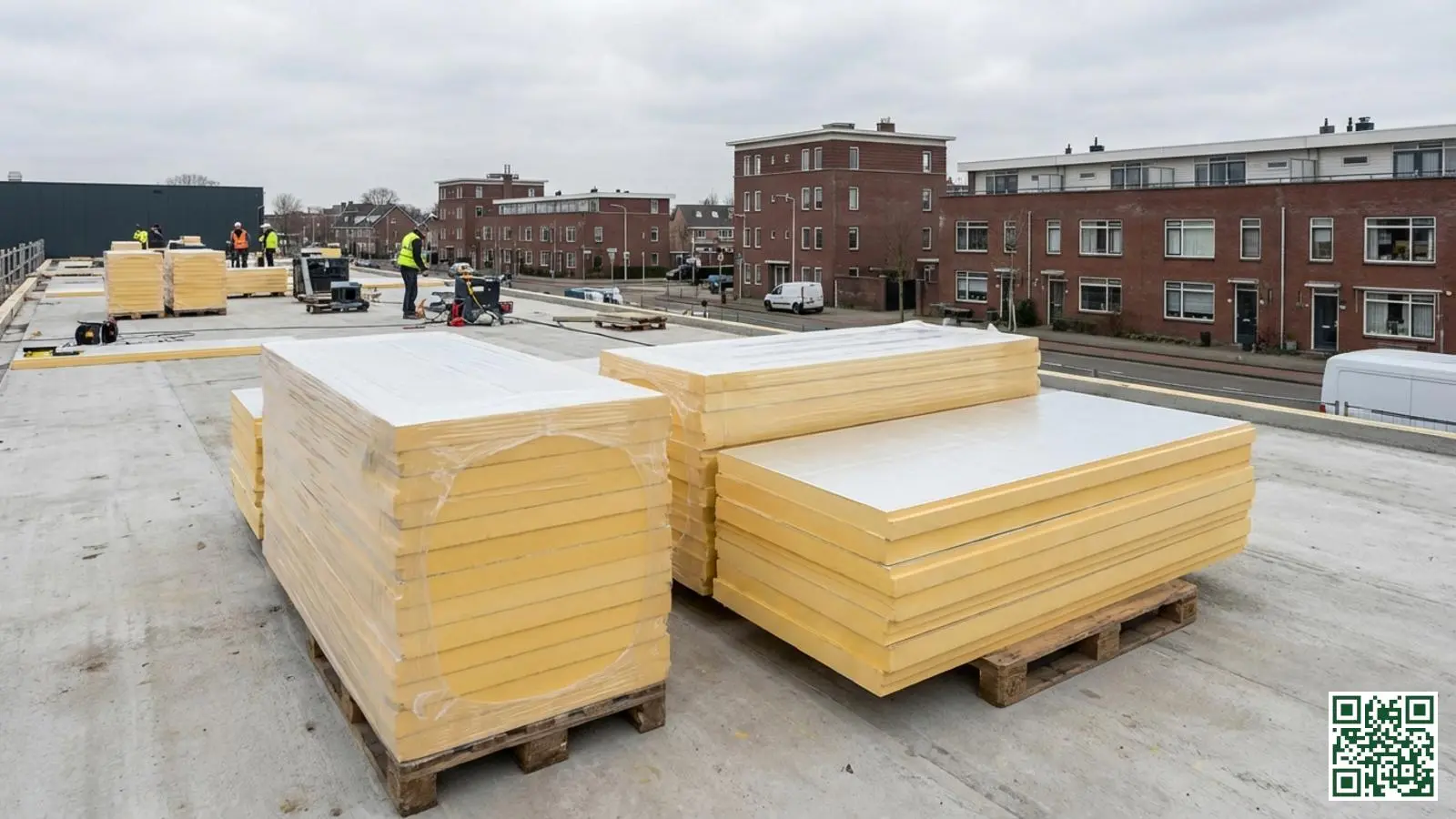 Gestapelde PIR isolatieplaten van hoge kwaliteit klaar voor installatie op een Nederlands plat dak