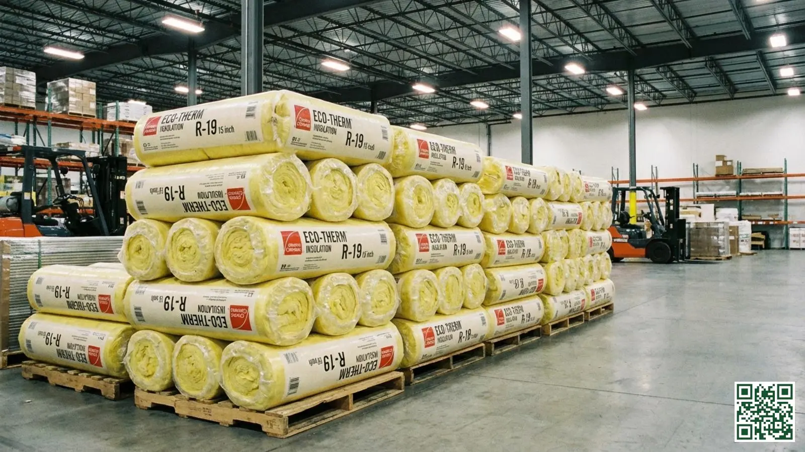 Gestapelde gele glaswol isolatierollen in originele verpakking in een opslagruimte