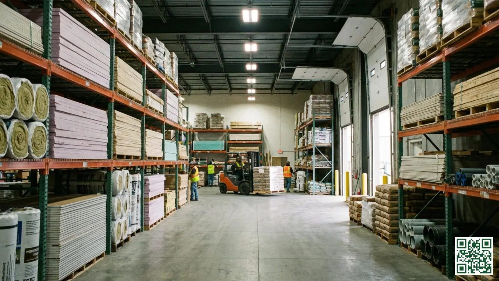 Interieur van een bouwmaterialen groothandel met stellingen vol isolatieplaten en bouwmaterialen