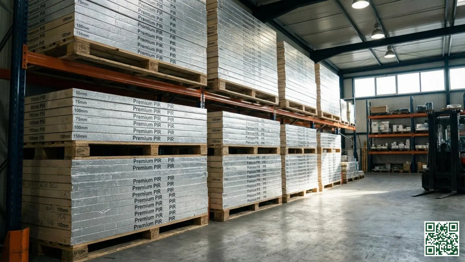 Gestapelde Kingspan PIR isolatieplaten met zilverkleurige aluminium afwerking in een professioneel magazijn