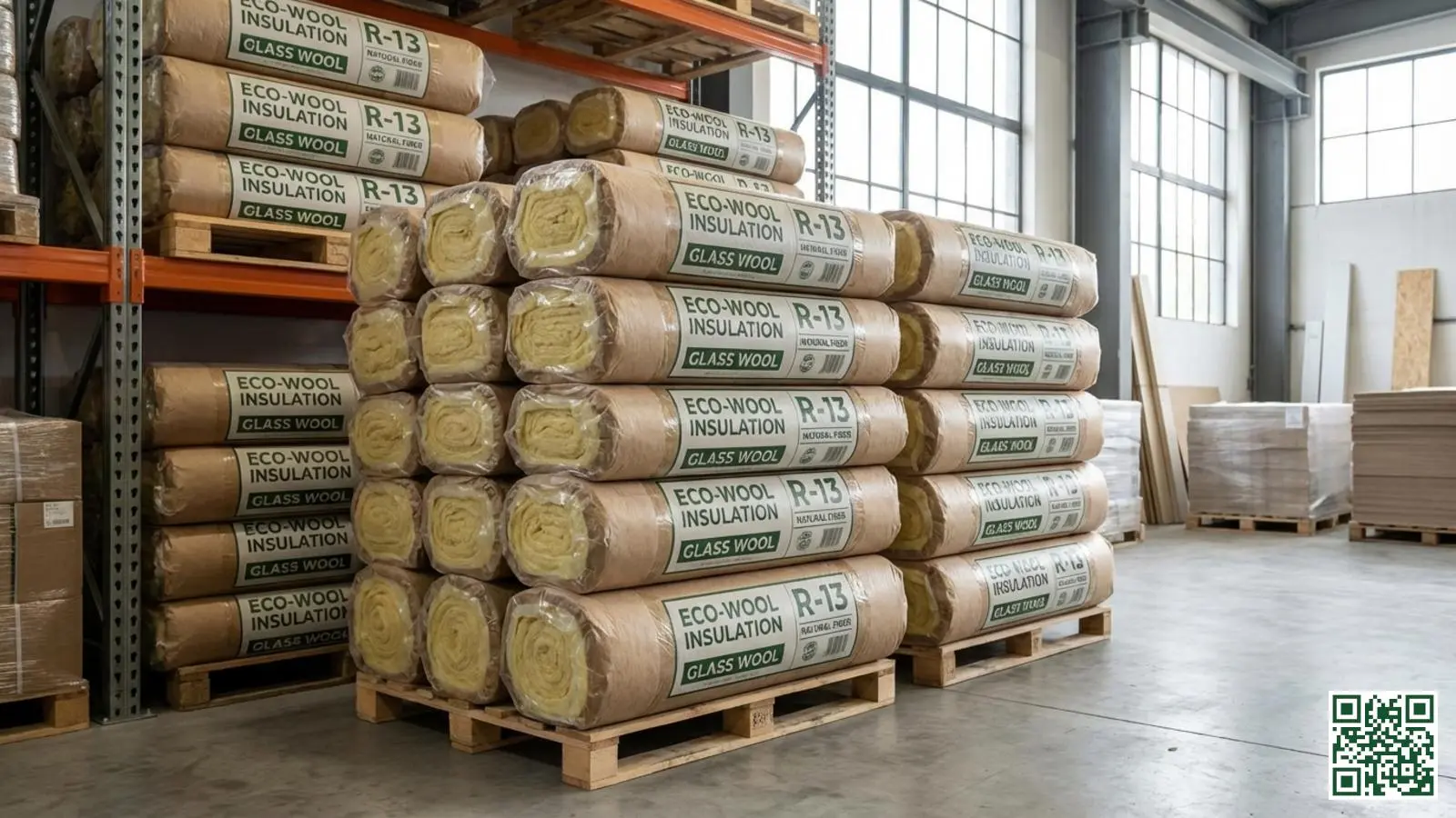 Gestapelde Knauf glaswol isolatierollen in natuurlijke bruine kleur klaar voor verkoop