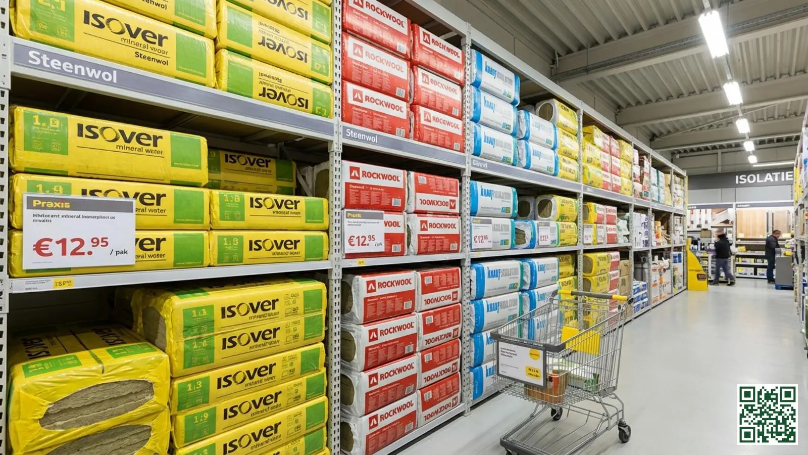 Isolatieafdeling van een Nederlandse bouwmarkt met gestapelde pakken steenwol isolatie
