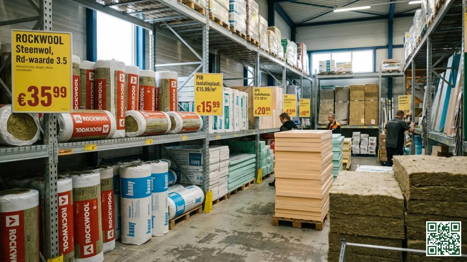 Isolatieafdeling in een Nederlandse bouwmarkt met diverse soorten dakisolatiematerialen overzichtelijk op de schappen