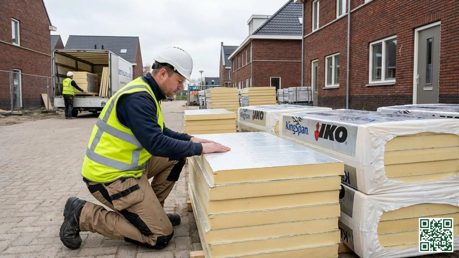 Professionele PIR isolatieplaten worden gecontroleerd op een bouwplaats voor een dakisolatieproject