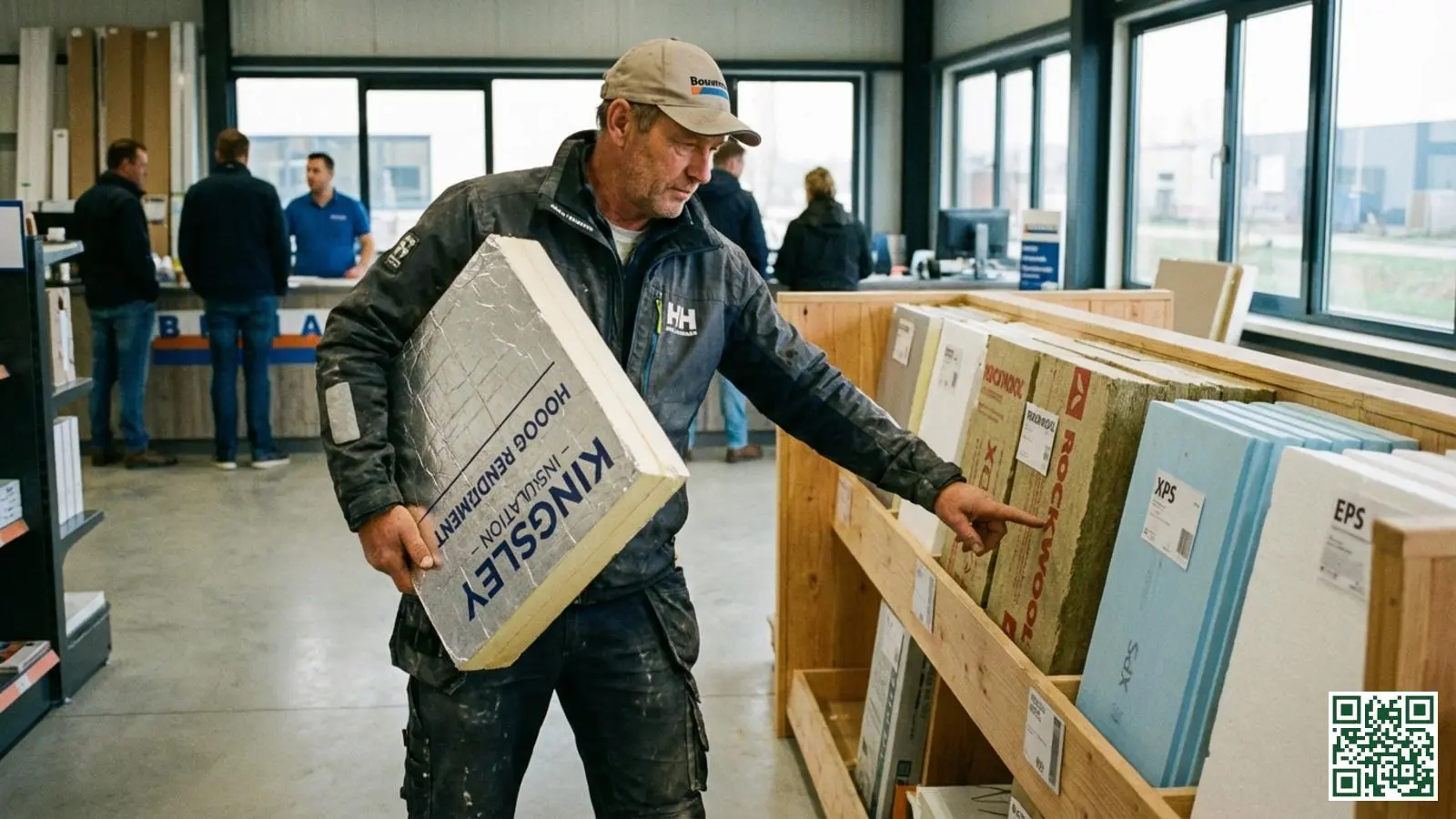 Vakman bekijkt en vergelijkt verschillende isolatieplaten bij een Nederlandse bouwmaterialenhandel