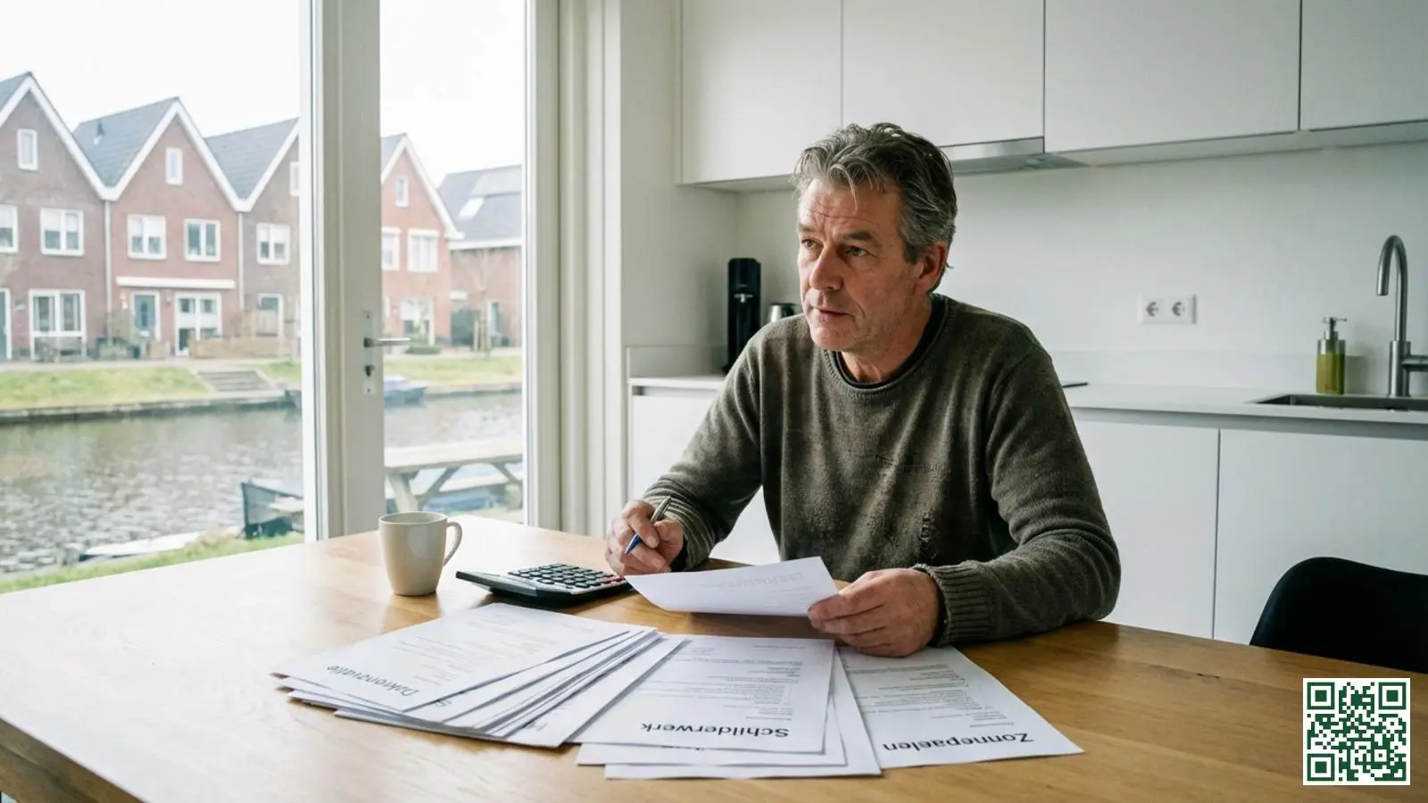 Huiseigenaar bekijkt meerdere dakisolatie offertes aan de keukentafel met documenten en rekenmachine