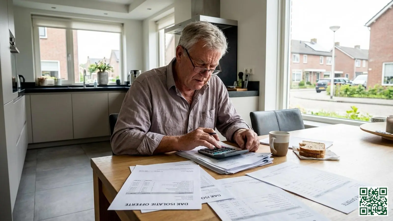 Huiseigenaar bestudeert meerdere dakisolatie offertes aan de keukentafel met rekenmachine