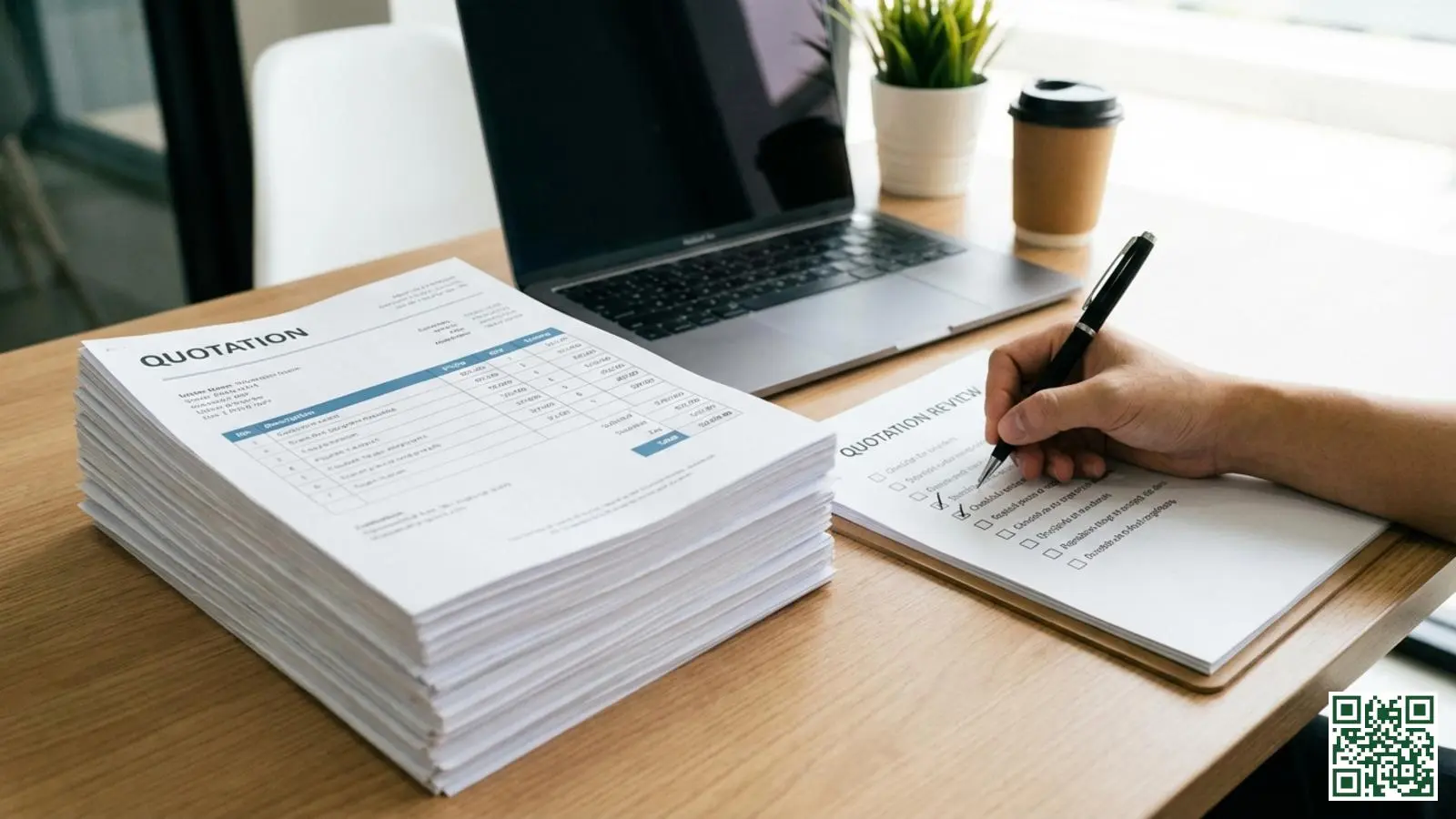 Stapel dakisolatie offertes naast een checklist die wordt afgevinkt voor vergelijking