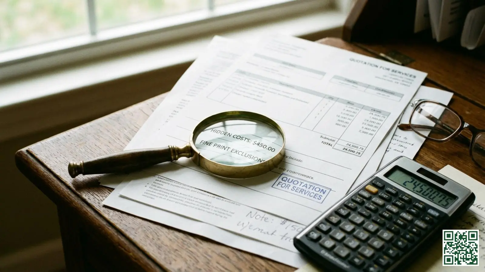 Calculator en documenten voor het analyseren van verborgen kosten in dakisolatie offertes op houten bureau