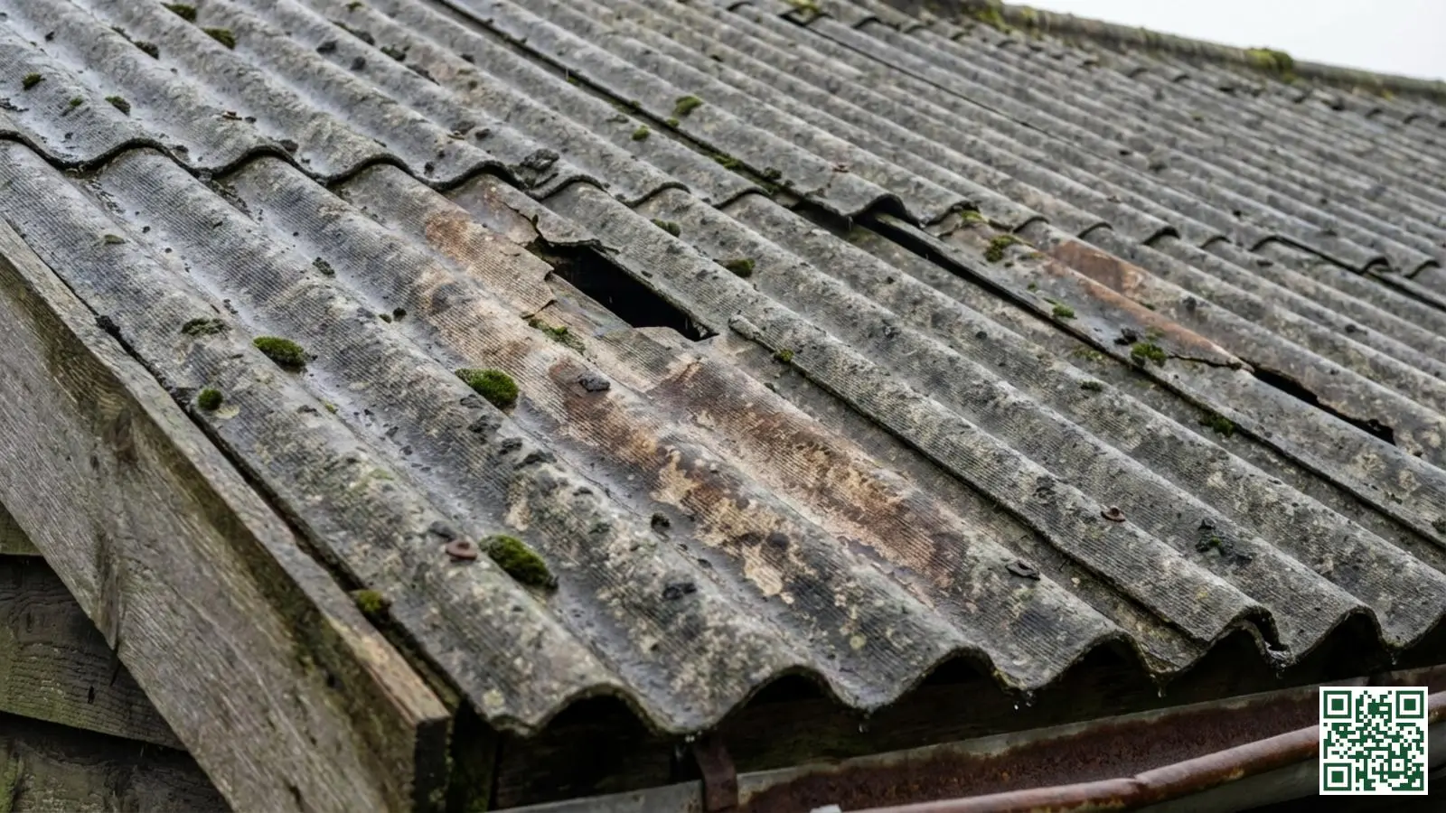 Verweerde grijze asbestcement golfplaten op een oud bijgebouw met zichtbare veroudering en mosgroei