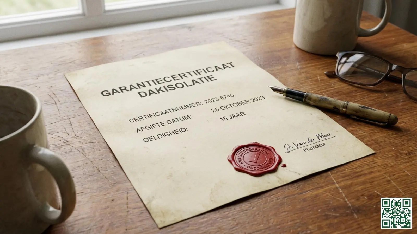 Officieel garantiecertificaat voor dakisolatie met kwaliteitsstempel op houten bureau