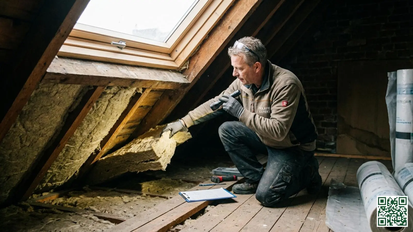 Professionele installateur controleert de kwaliteit van dakisolatie tussen de balken op zolder