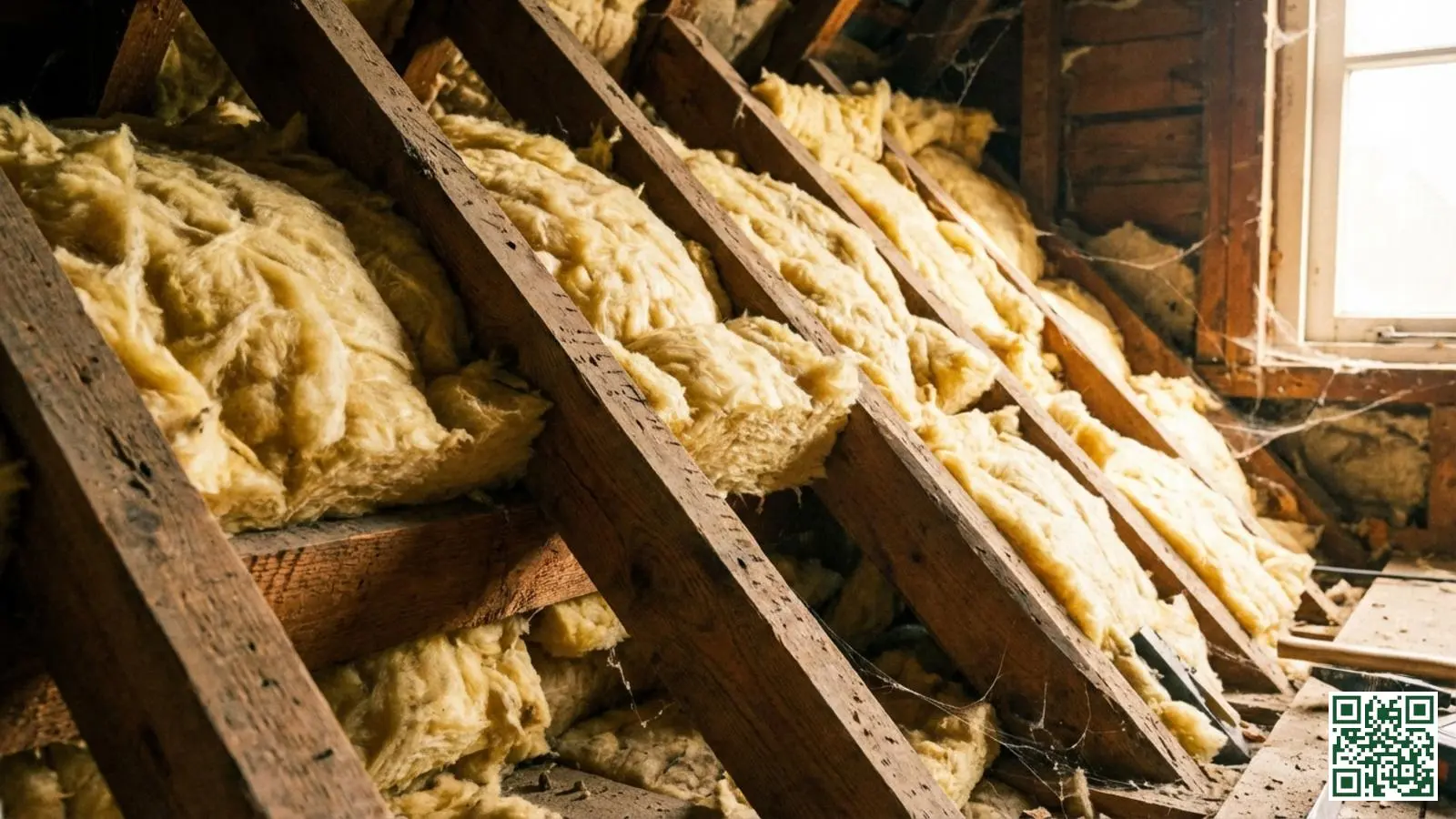 Dakconstructie met houten balken en minerale wol isolatie zichtbaar tussen de kepers