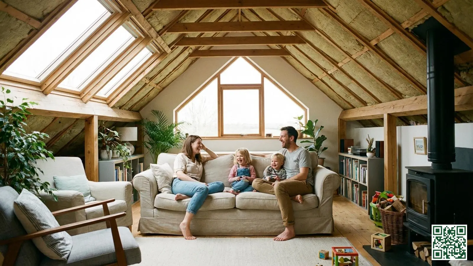 Gelukkig gezin ontspant in lichte geïsoleerde zolderruimte met dakramen en moderne inrichting