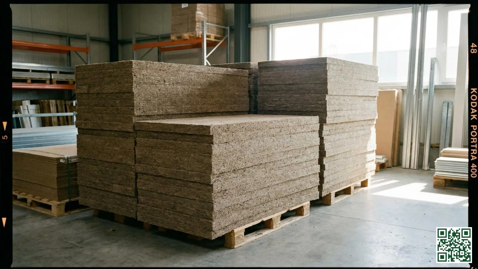 Stapel ecologische houtvezel isolatieplaten met natuurlijke bruingrijze kleur in opslagruimte