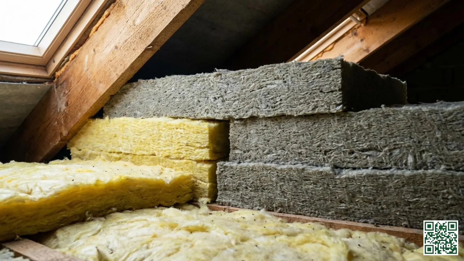 Close-up van minerale wol isolatiemateriaal met zichtbare vezelstructuur tussen houten dakbalken