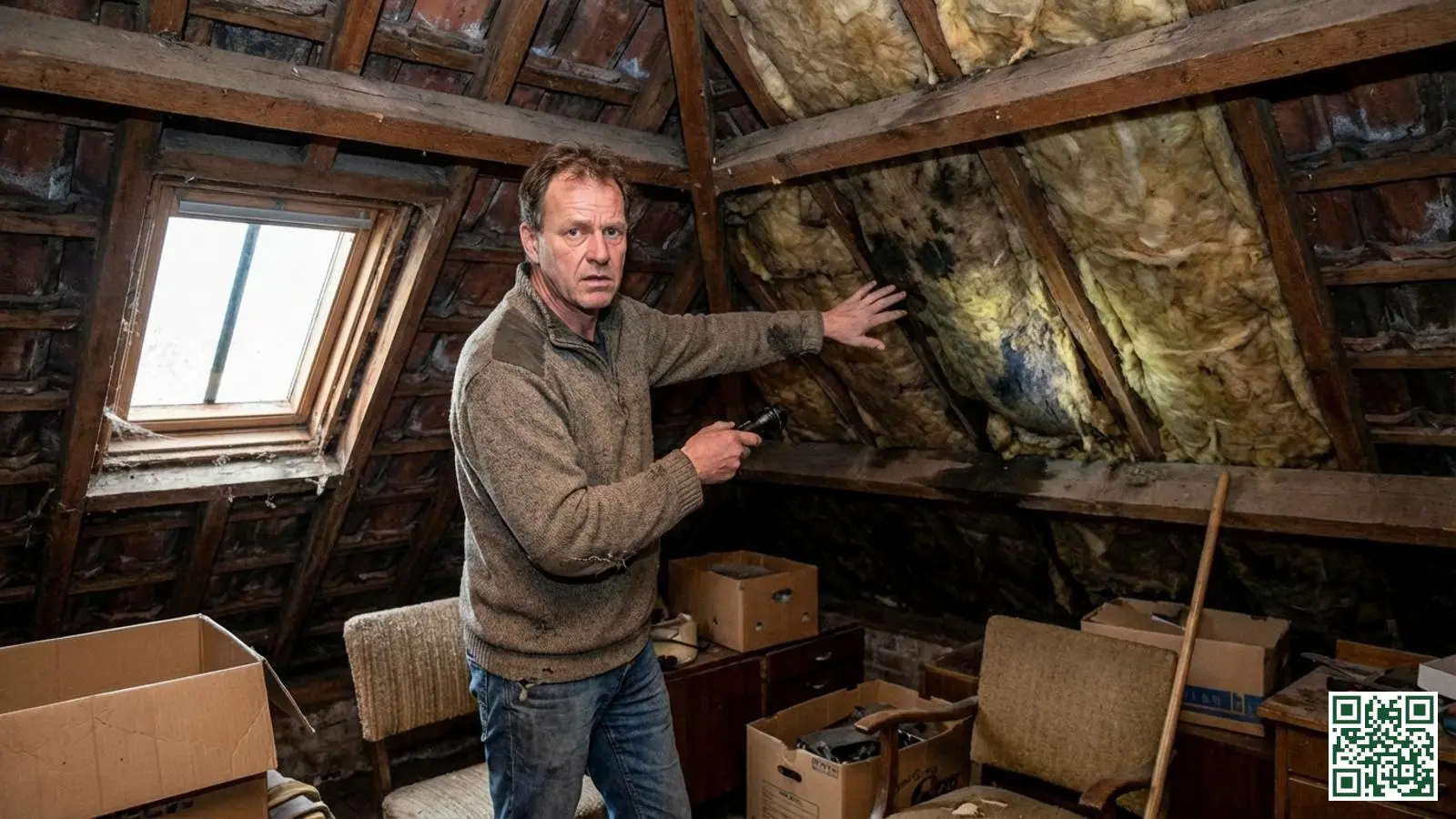 Huiseigenaar bekijkt bezorgd een probleem met dakisolatie op de zolder van een Nederlandse woning