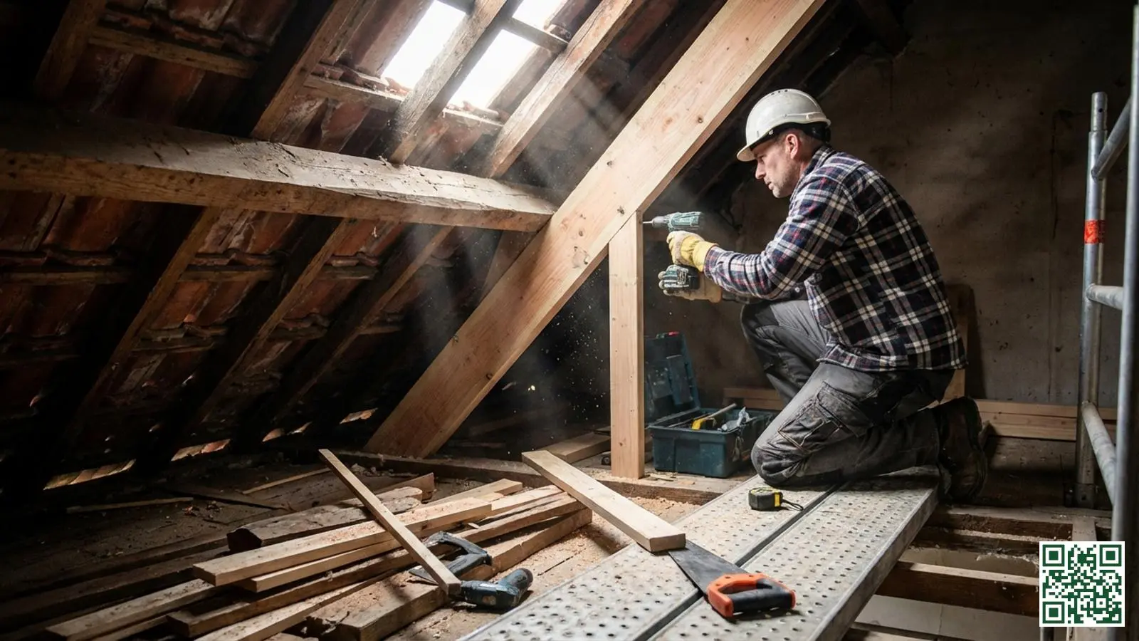 Vakman herstelt houten dakbalken in een Nederlandse zolderruimte tijdens renovatiewerkzaamheden