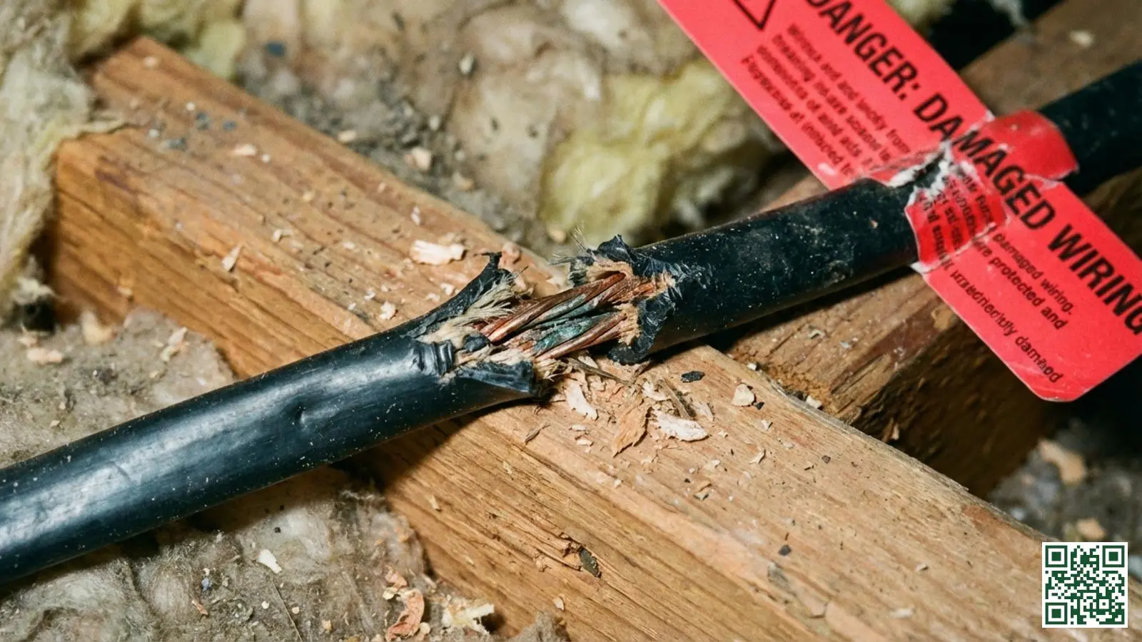 Beschadigde elektrische kabel met zichtbare vraatsporen van knaagdieren en blootliggende koperdraad op zolder