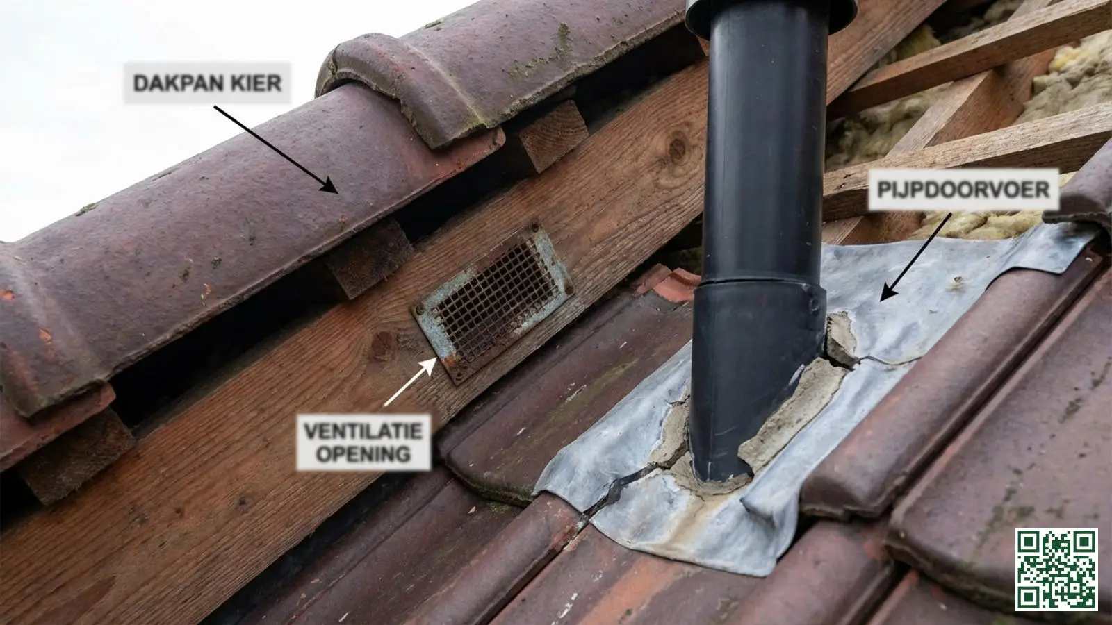 Kieren en openingen in een dakconstructie waar ongedierte kan binnenkomen bij de isolatie