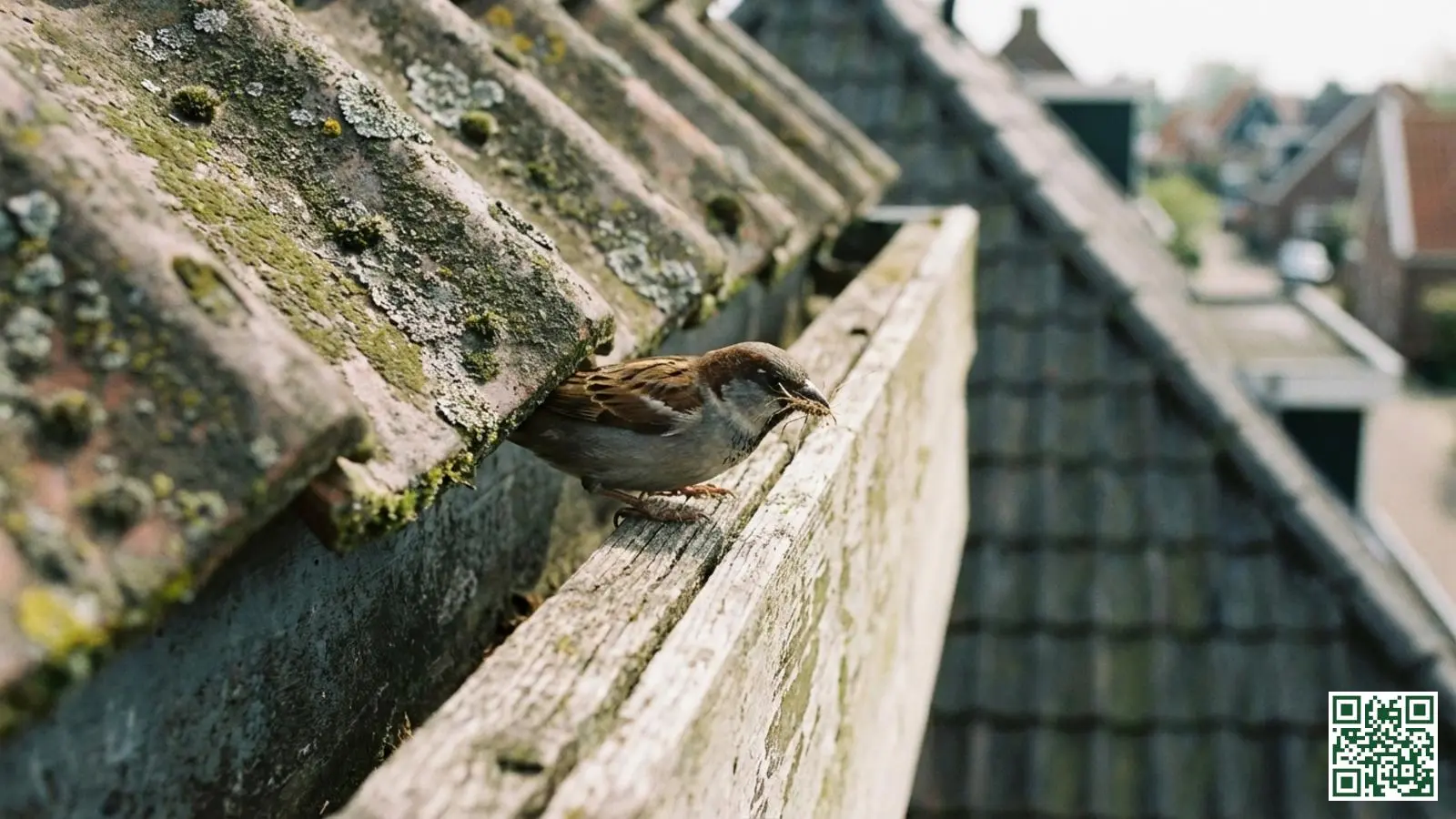 Huismus bij een opening onder de dakpannen waar vaak nesten worden gebouwd