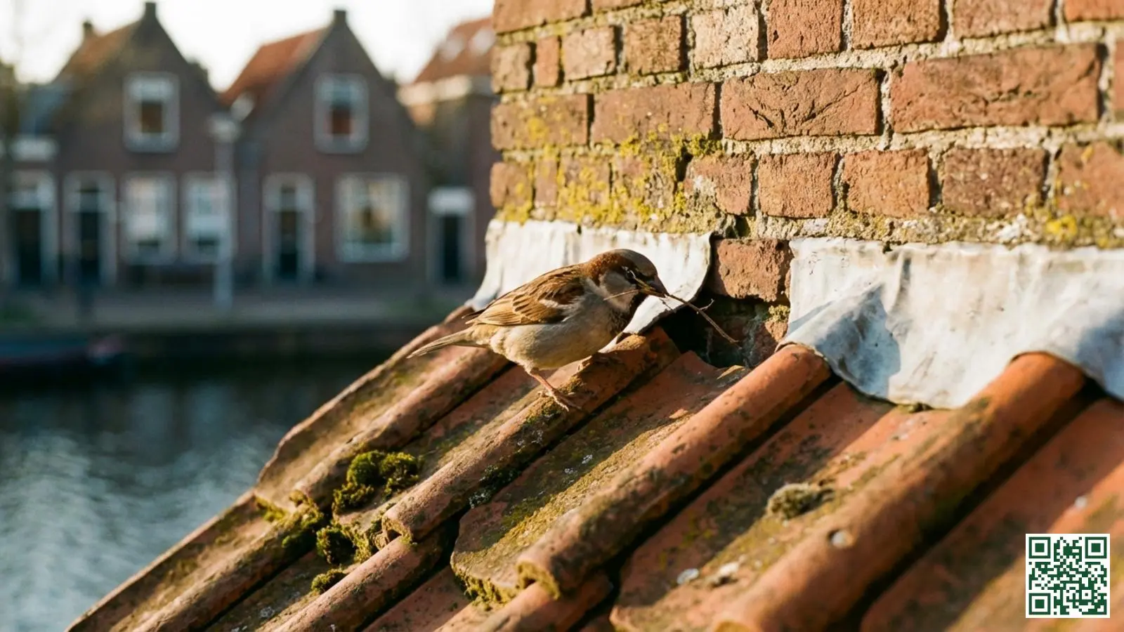 Huismus zoekt nestplek onder de dakpannen van een Nederlandse woning
