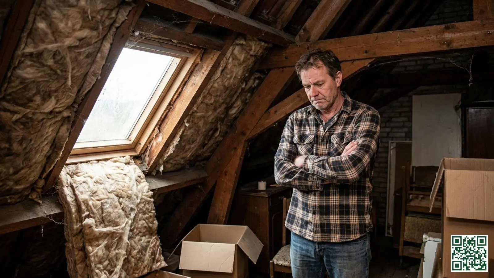 Teleurgestelde huiseigenaar staat met gekruiste armen op zolder met zichtbare dakisolatie op de achtergrond