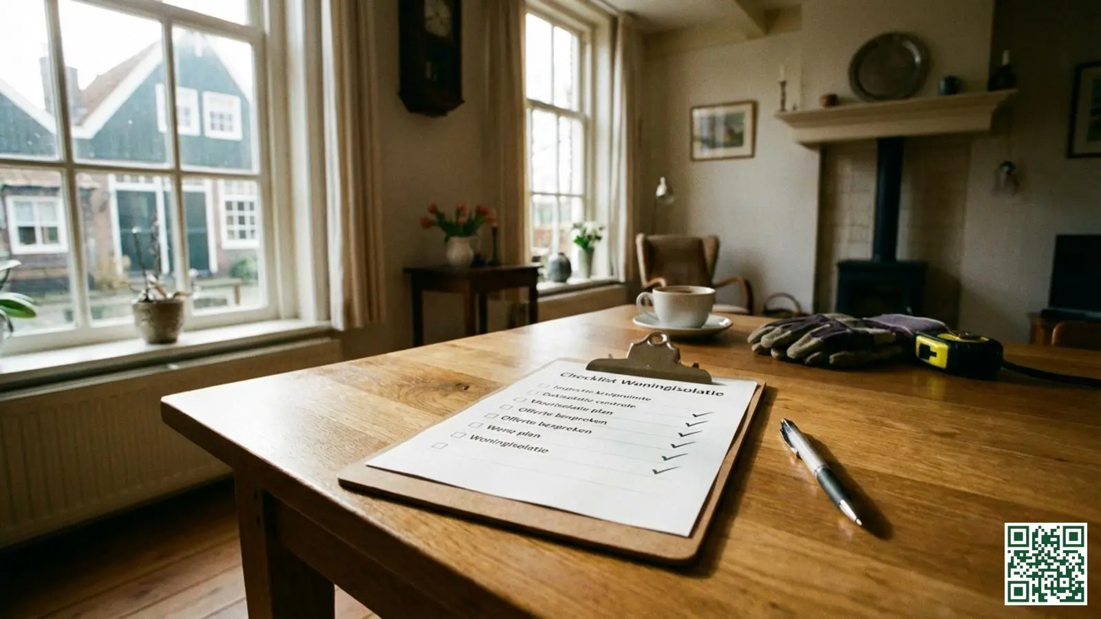 Checklist voor dakisolatie voorbereiding op klembord met pen in Nederlandse woonomgeving