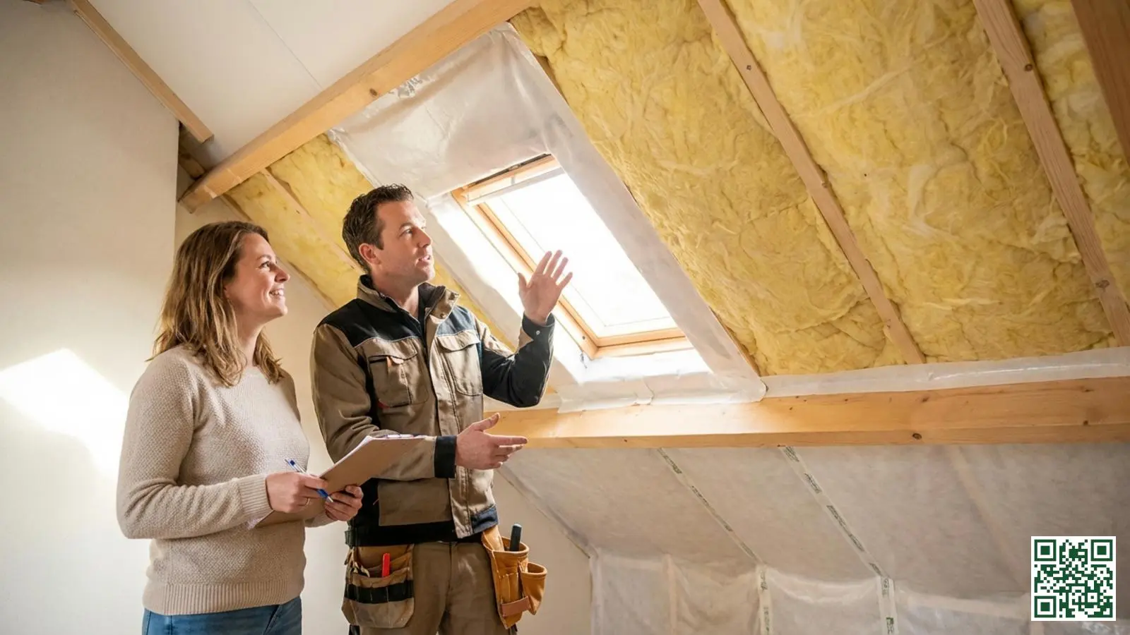 Huiseigenaar en aannemer controleren samen de oplevering van dakisolatie werkzaamheden op zolder