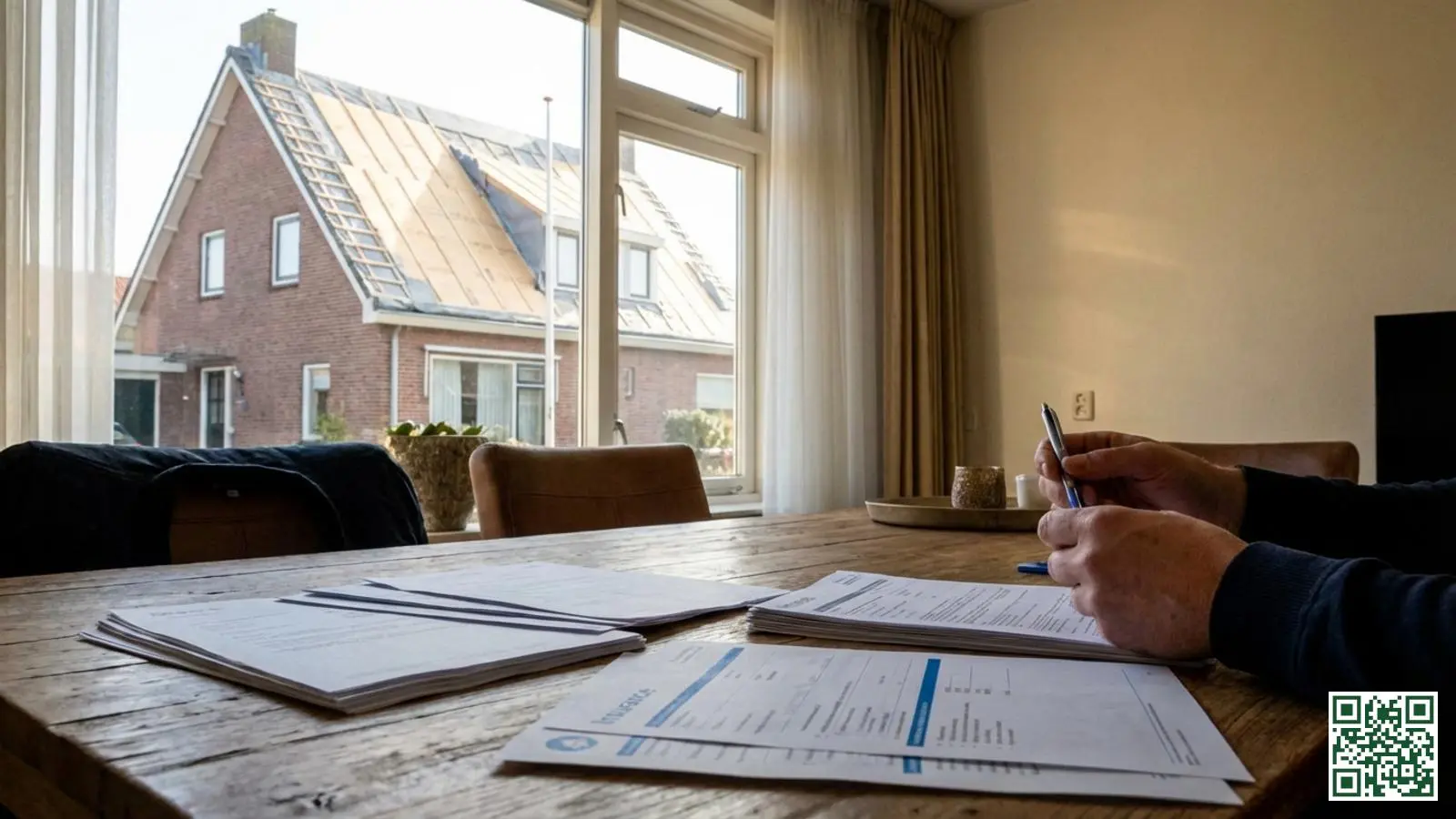 Nederlandse woning met dakisolatie en verzekeringsdocumenten op tafel in de voorgrond