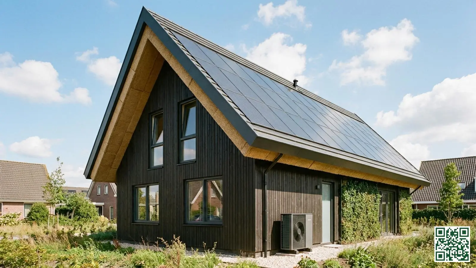 Energiezuinige Nederlandse woning met goed geïsoleerd dak en zonnepanelen in een woonwijk