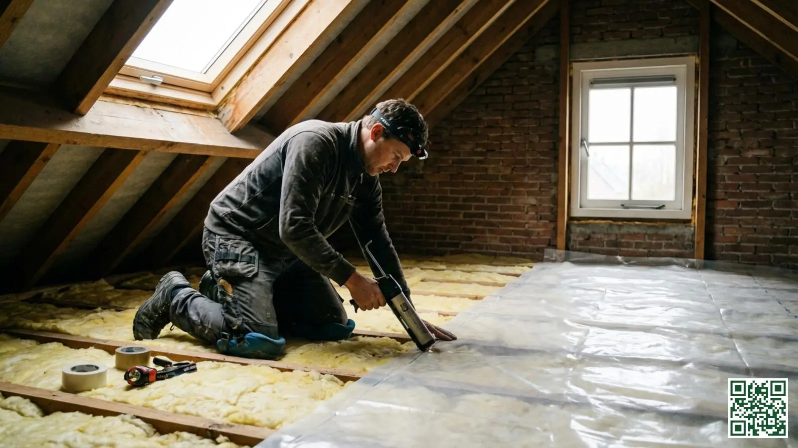 Vakman brengt een dampscherm aan over dakisolatie en tapet de naden zorgvuldig af