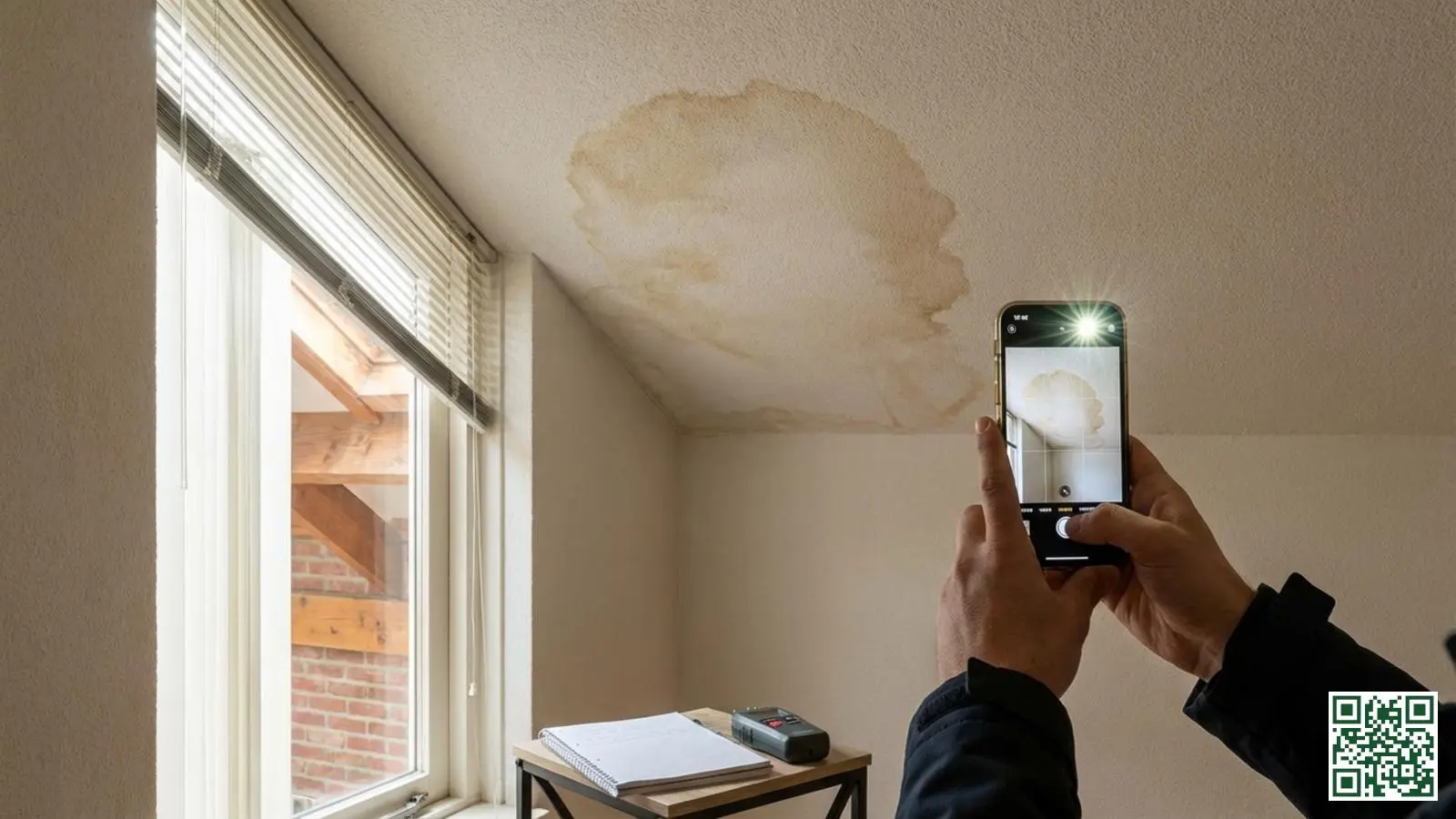 Huiseigenaar maakt foto van waterschade op plafond met smartphone voor documentatie en bewijs