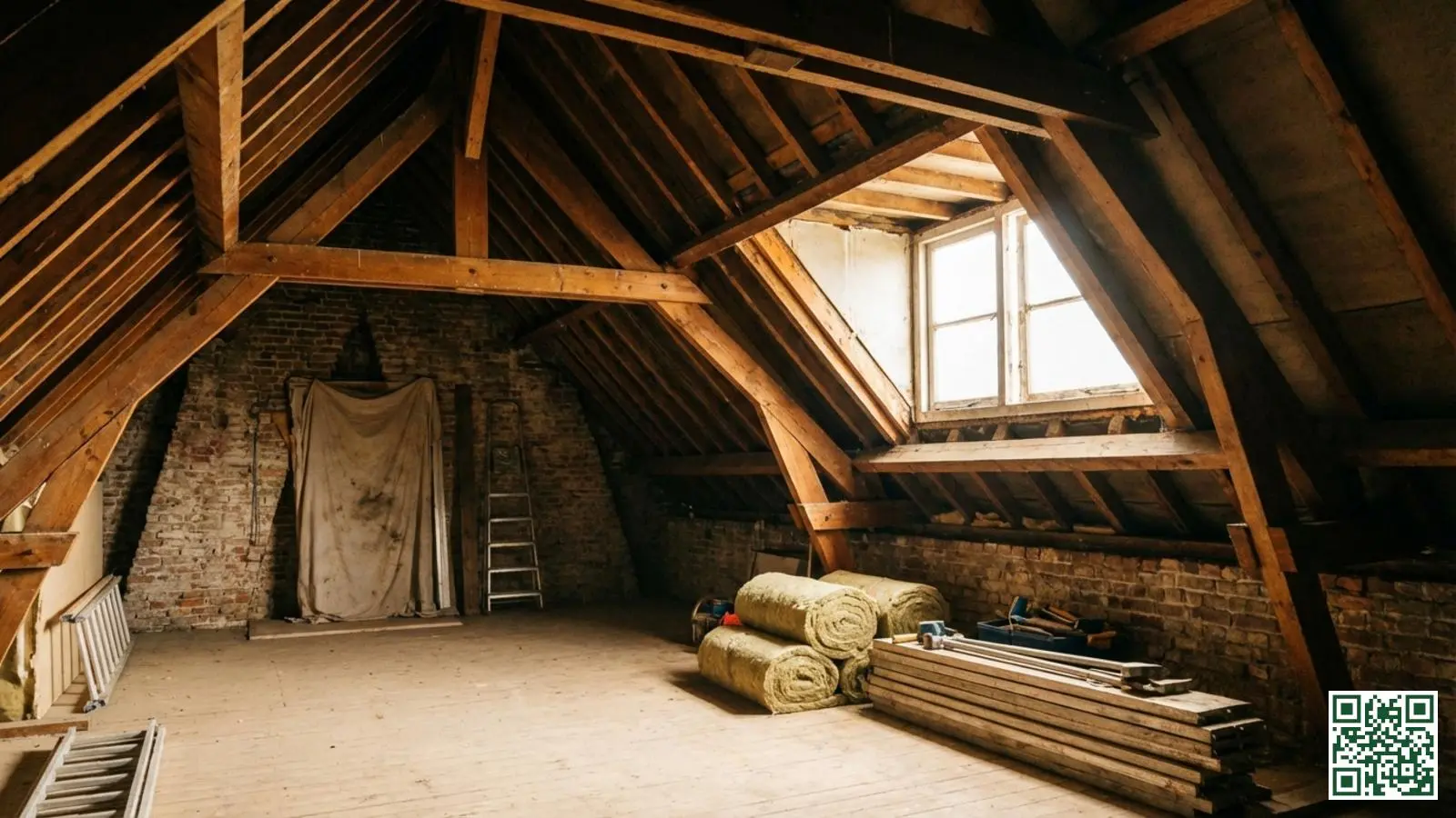 Nederlandse zolderruimte met zichtbare dakbalken klaar voor binnenisolatie van het schuine dak