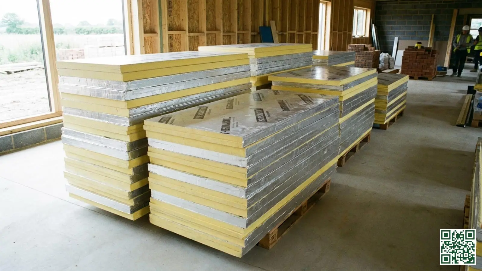 Gestapelde PIR isolatieplaten klaar voor installatie bij platte dakisolatie aan binnenzijde