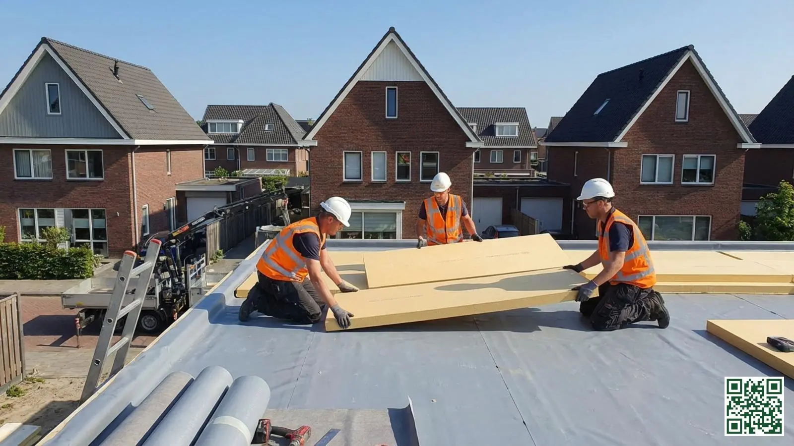 Professionals plaatsen isolatieplaten op een plat dak van een Nederlandse woning tijdens renovatiewerkzaamheden