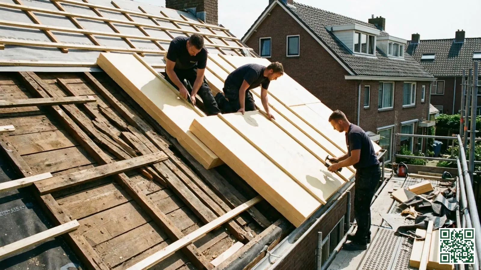 Dakdekkers plaatsen isolatieplaten bovenop dakbalken tijdens sarking renovatie van een Nederlands woonhuis