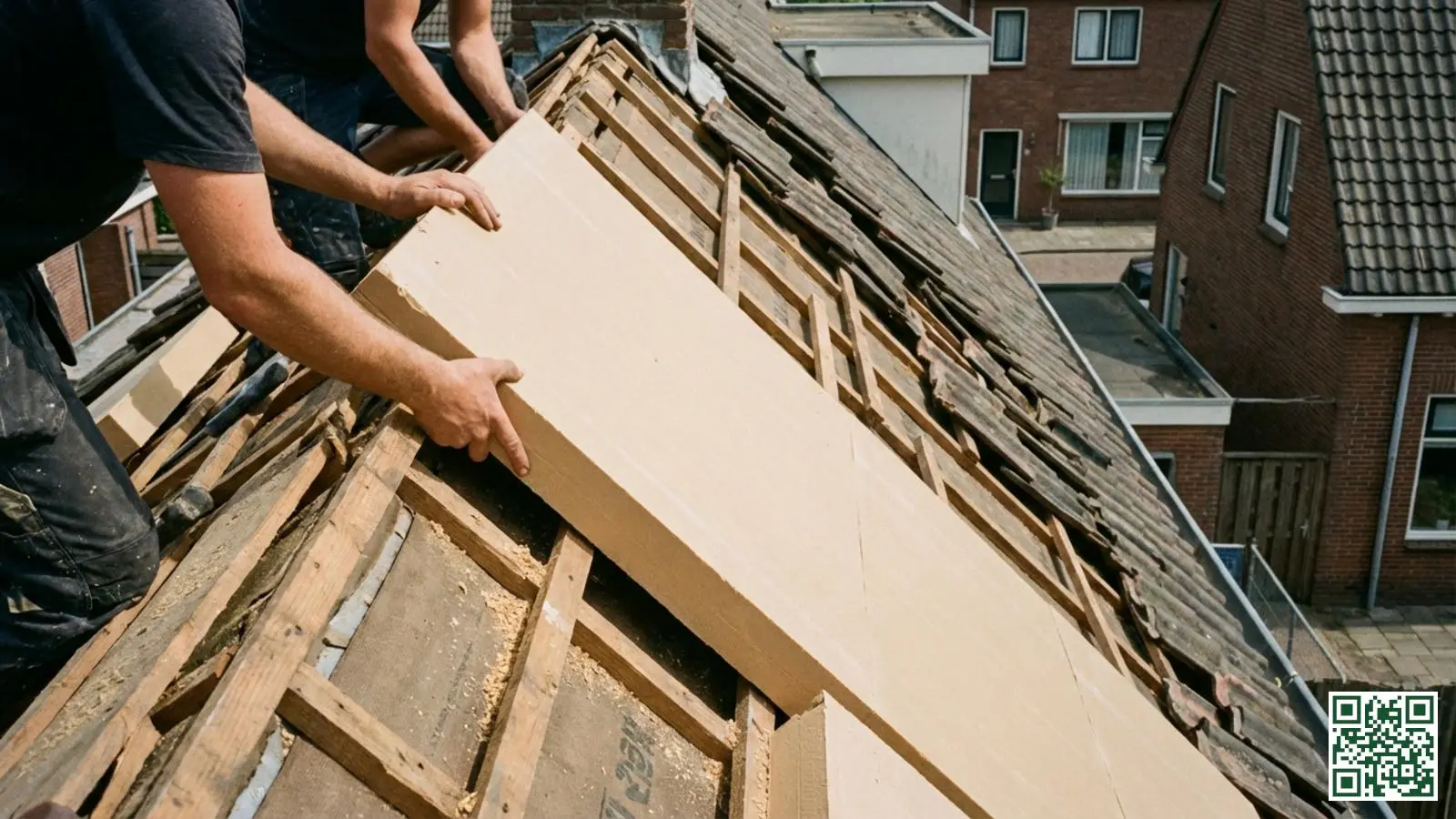 Professionele dakdekkers plaatsen stijve isolatieplaten bovenop de kepers van een schuin dak tijdens sarking