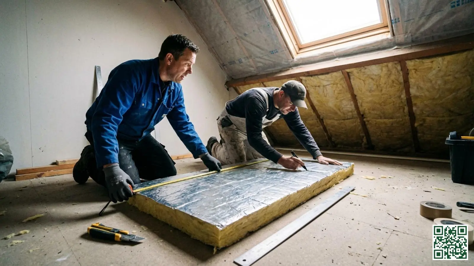 Isolatie installateurs meten en snijden glaswol isolatieplaten op een Nederlandse zolder tijdens dakisolatiewerkzaamheden