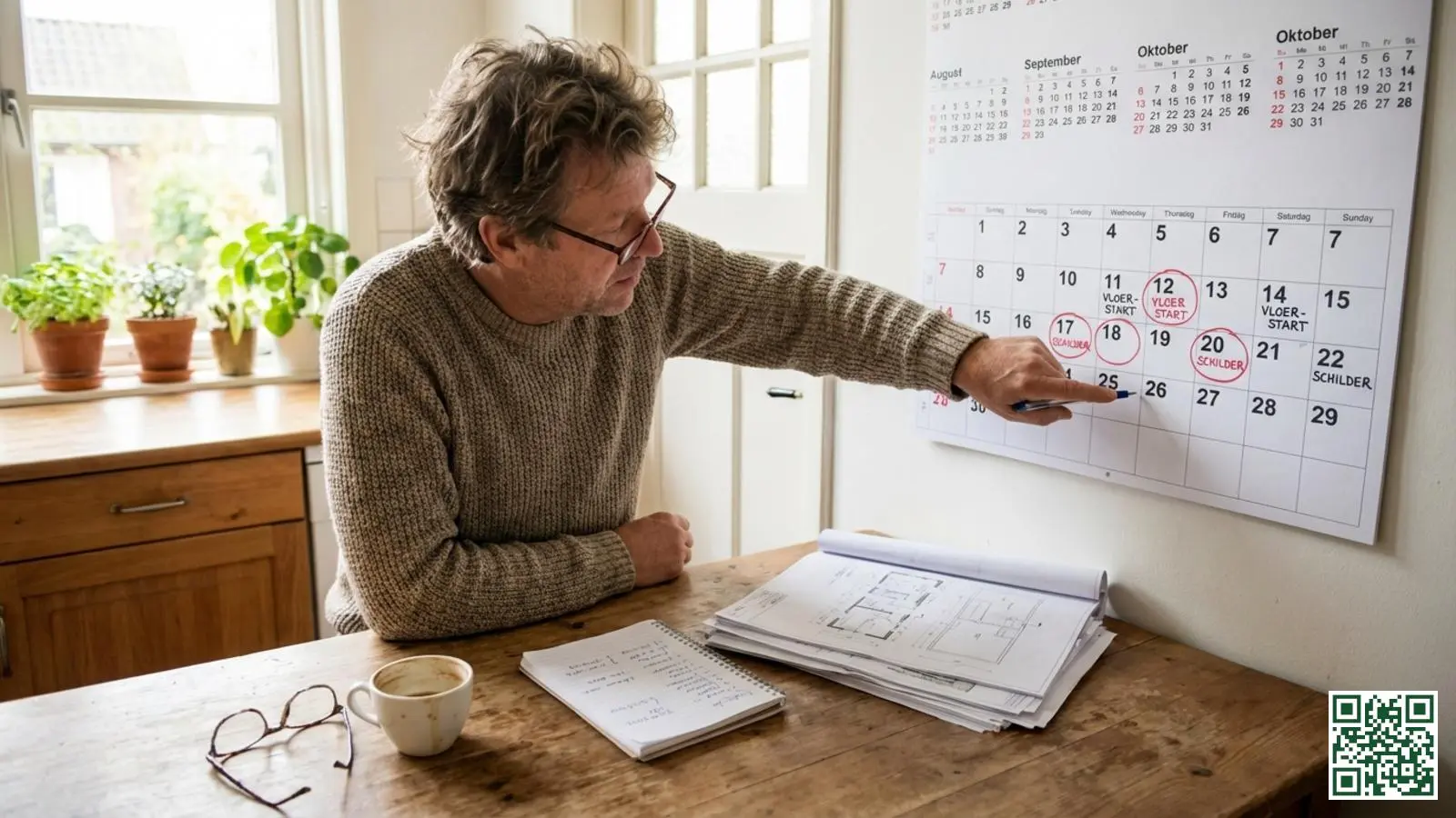 Nederlandse huiseigenaar bekijkt een kalender met ingeplande data voor dakisolatieproject aan de keukentafel