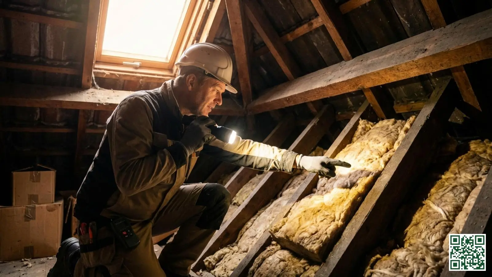 Vakman inspecteert de conditie van bestaande dakisolatie tussen houten balken met een zaklamp