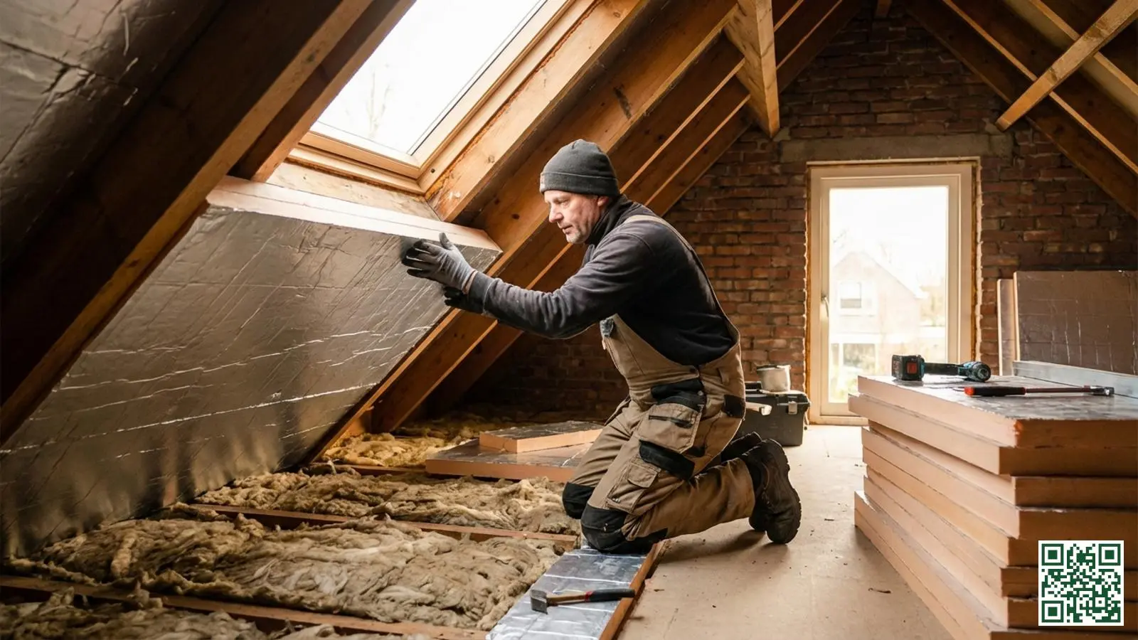 Installateur plaatst zorgvuldig een extra laag PIR-isolatieplaten bovenop bestaande dakisolatie op een zolder