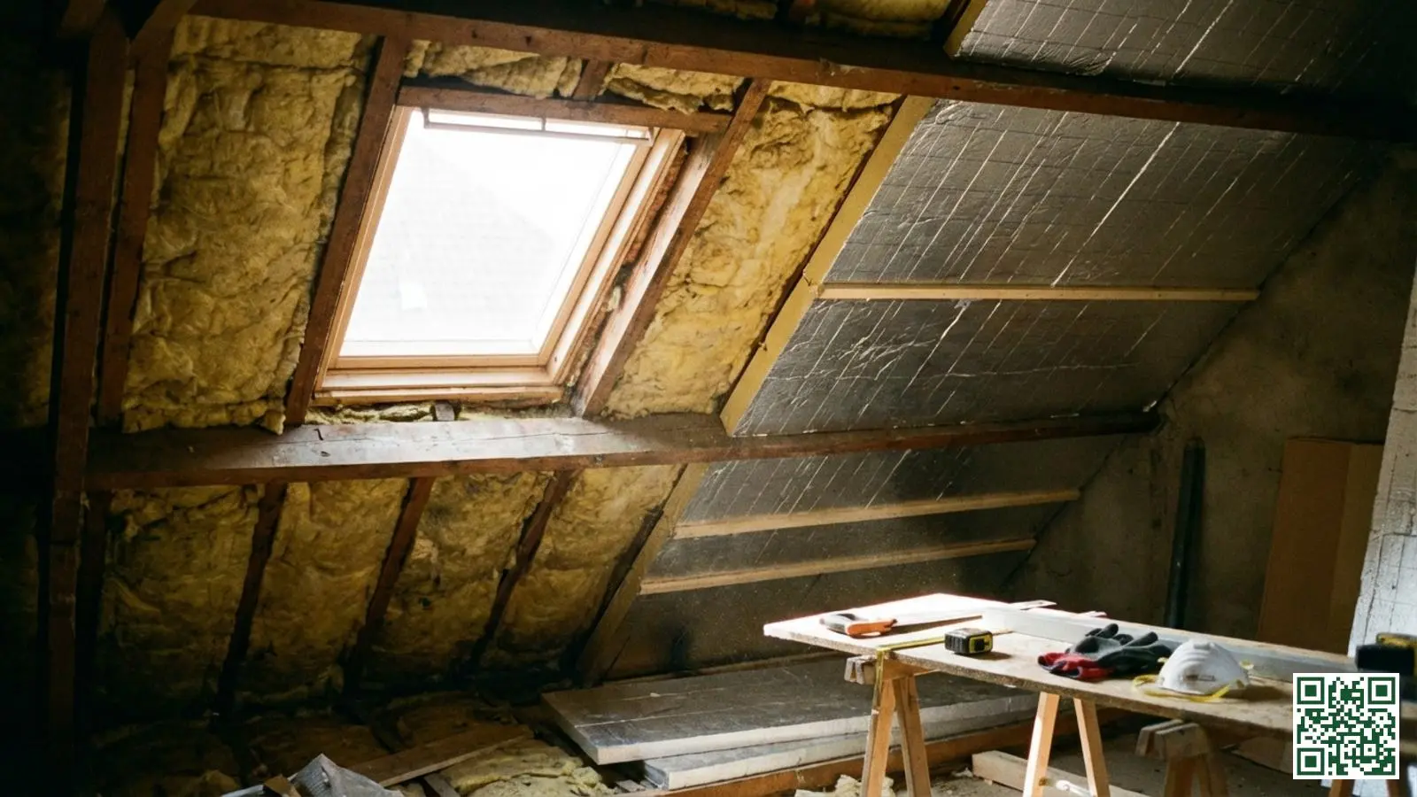 Nederlandse zolder met oude minerale wol isolatie waarop nieuwe PIR-platen worden toegevoegd als extra isolatielaag