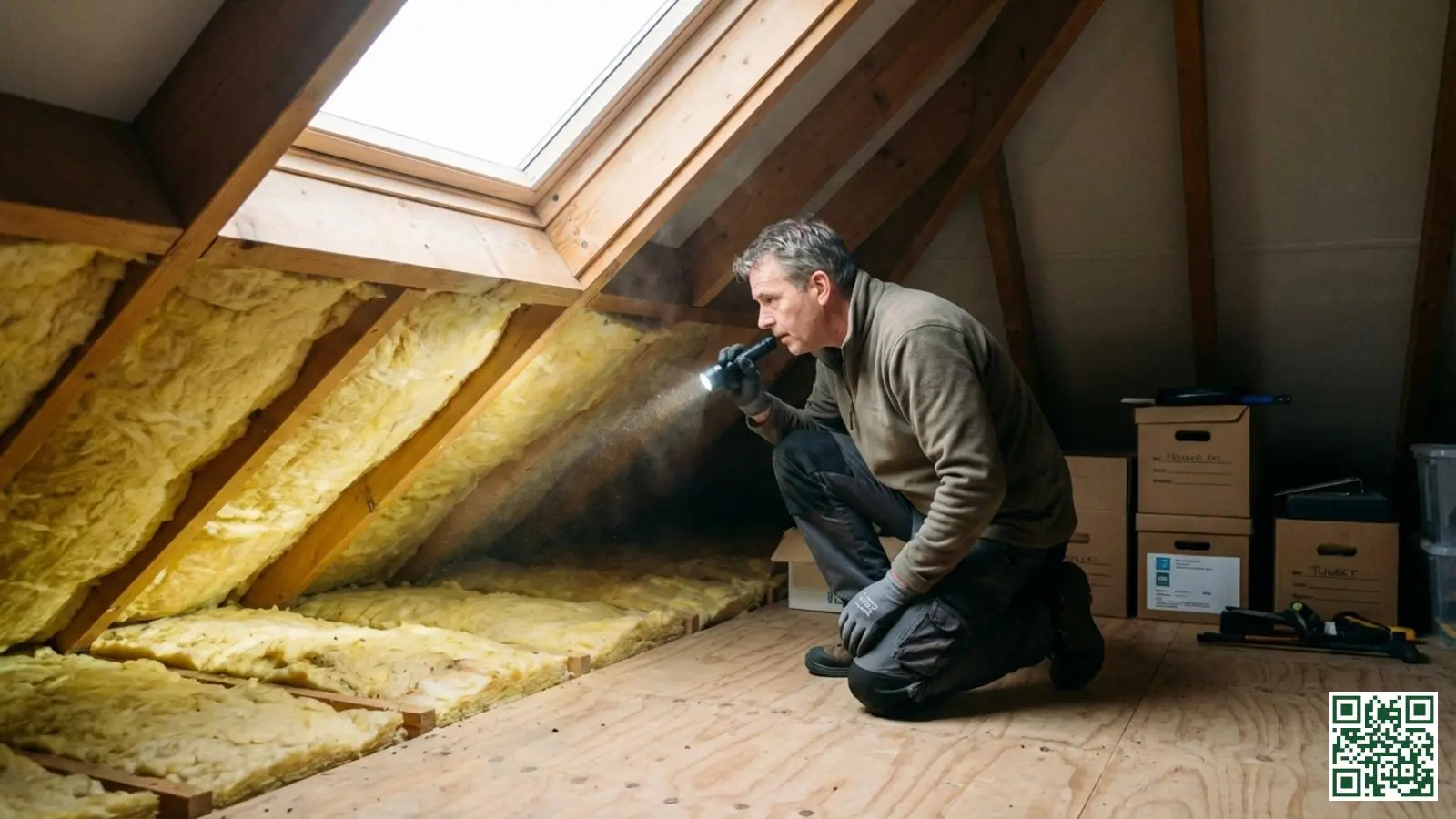 Huiseigenaar inspecteert gele minerale wol dakisolatie tussen dakbalken met zaklamp op Nederlandse zolder