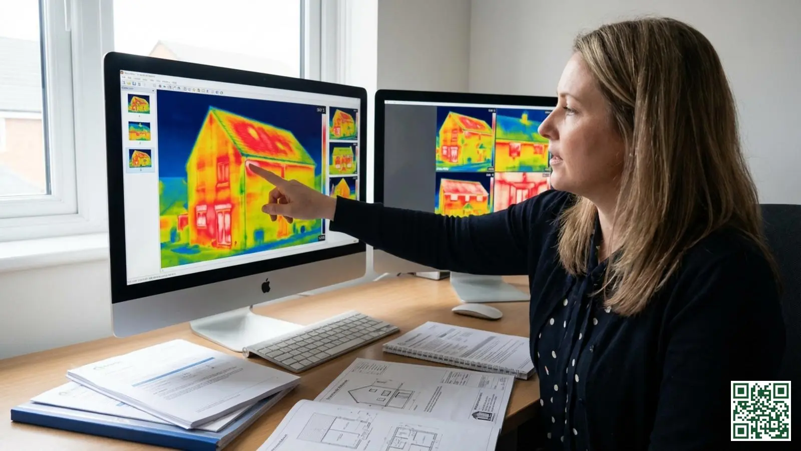 Energieadviseur analyseert thermografische opnames op een computerscherm om isolatieproblemen in het dak te identificeren