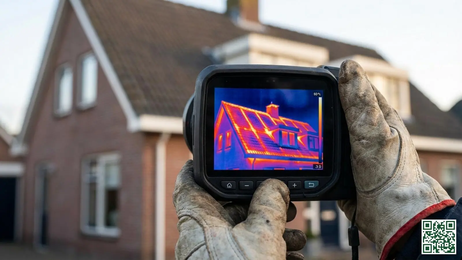 Warmtebeeld op thermografische camera toont duidelijke warmteverliezen door gebrekkige dakisolatie in rode en oranje tinten