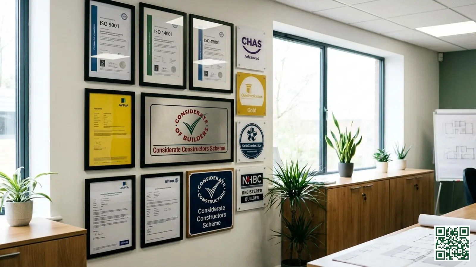 Professionele certificaten en keurmerken van een erkend isolatiebedrijf aan de muur van een kantoor