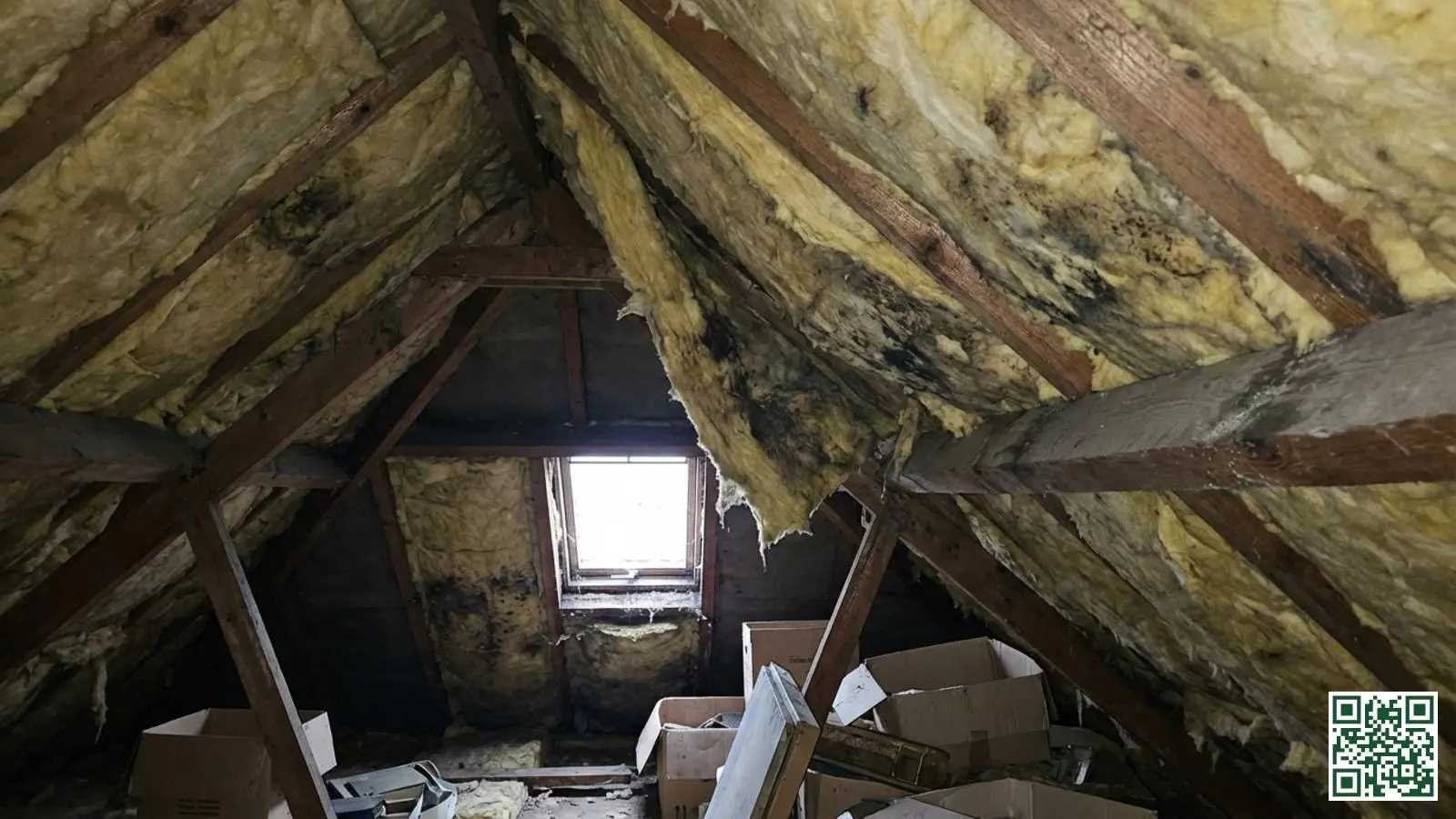 Beschadigde en vochtige dakisolatie tussen houten balken die aan vervanging toe is