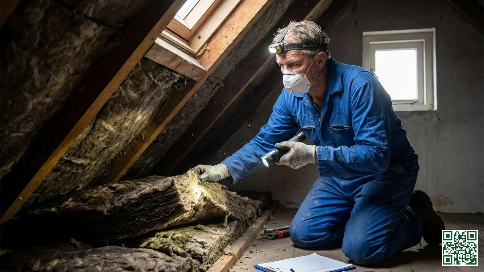 Vakman met zaklamp inspecteert de staat van oude dakisolatie voor vervanging