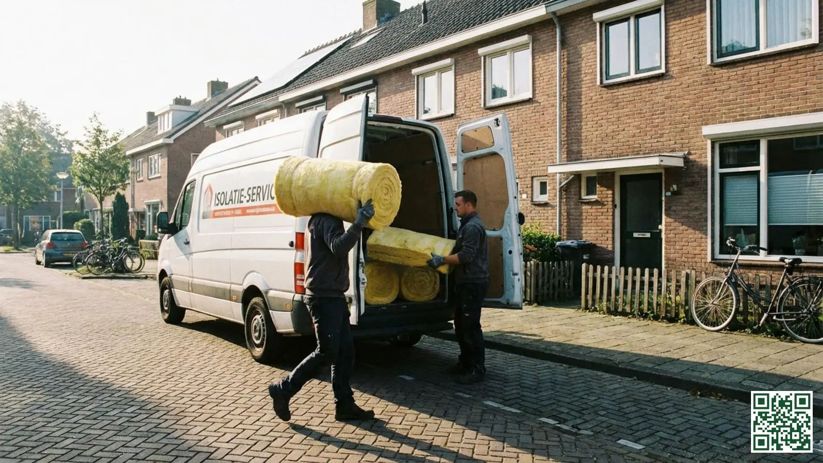 Professionele installateurs laden isolatiemateriaal uit bij een Nederlandse rijtjeswoning voor dakisolatie